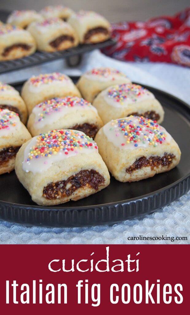 These cucidati have a delicious fruit filling wrapped in a buttery cookie with a flourish of lemon frosting and sprinkles on top. It's no wonder these Italian fig cookies are a favorite for Christmas and special occasions. #cookie #italian #siciliancookie #figcookie #christmas #baking