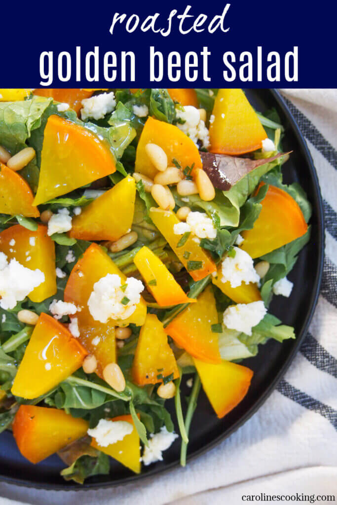 This roasted golden beet salad is a simple combination of beets, greens, a little goat cheese and dressing. But they work so well together to make a tasty side or light lunch that you can also easily adapt, too.