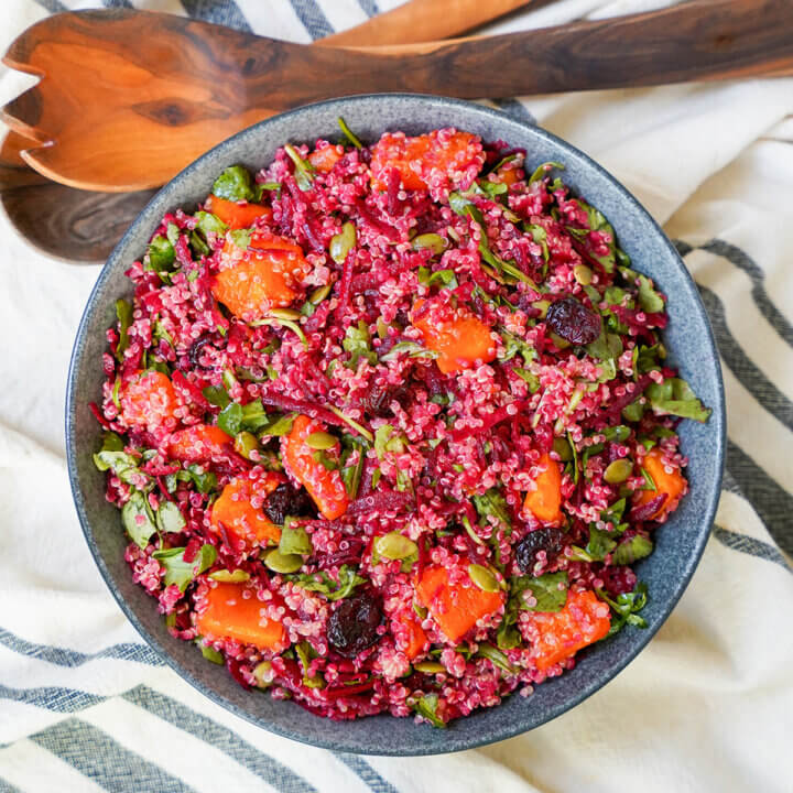 overhead view of bowl of butternut squash quinoa salad.