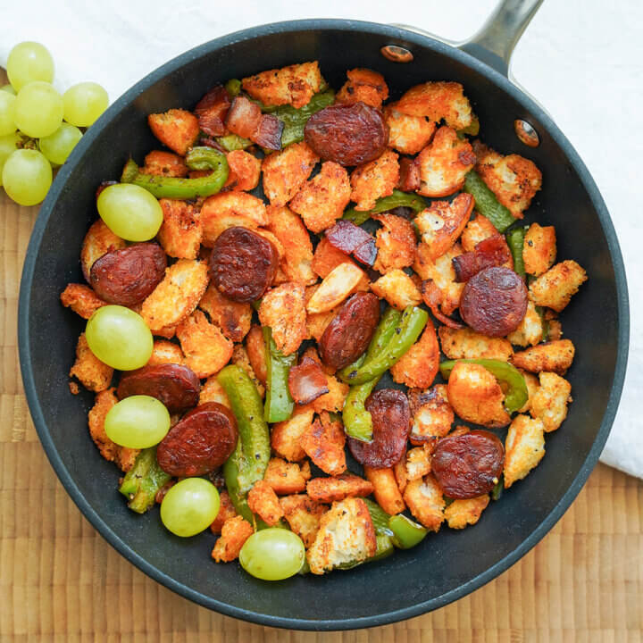 overhead view of skillet of Spanish migas.