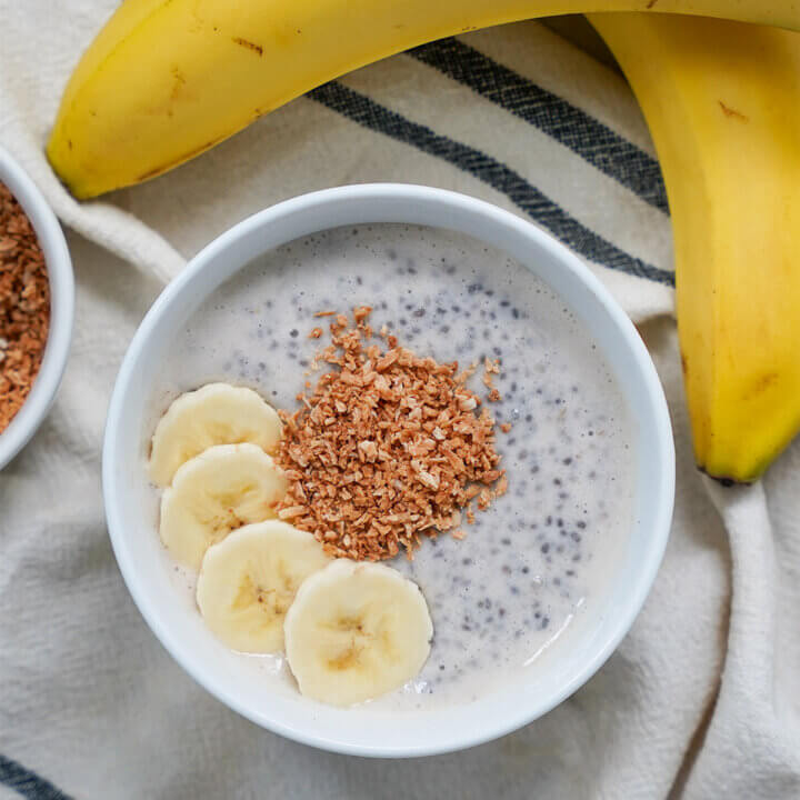 close view of bowl of banana chia pudding from overhead.